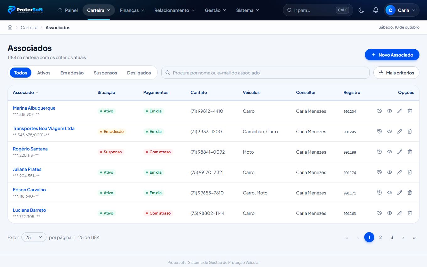 Lista de associados do Protersoft com situação, pagamentos, contato e consultor